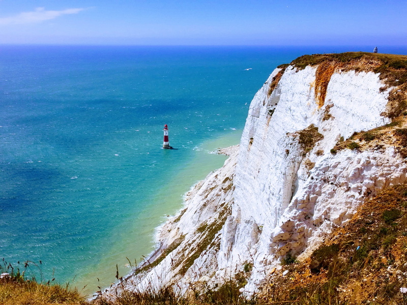water, blue, solid, tranquility, sea, nature, scenics - nature, seven sisters, england, non-urban scene, tranquil scene, 4K, day, horizon over water, rock - object
