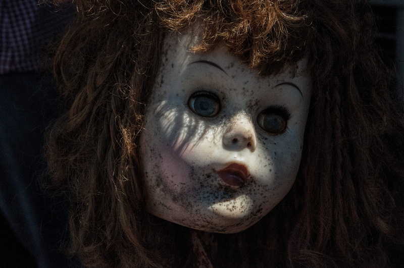 girls, dark, scarry, play, lifestyles, round top, headshot, fear, antique, broken, looking at camera, hair, dirty, toy, doll, human face, messy, hallowen
