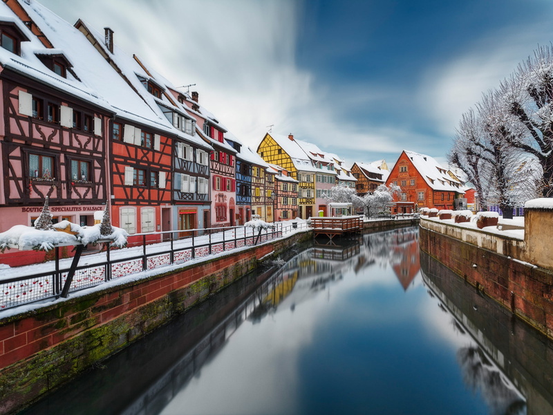 Lauch River, home, Река Лош, Little Venice, promenade, 1080P, river, Colmar, winter, France, building