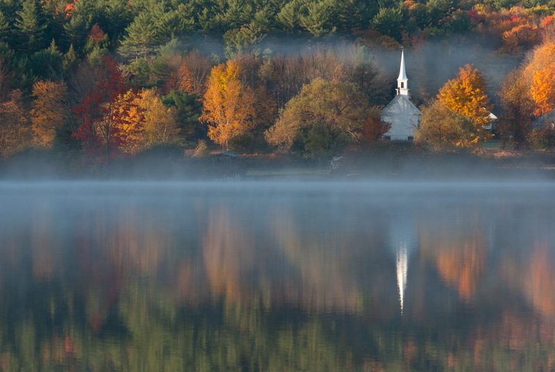 tranquil scene, outdoors, reflection, religion, little white church, body, river, day, trees, photo, plant part, change, scenics - nature, mist, lake, autumn collection