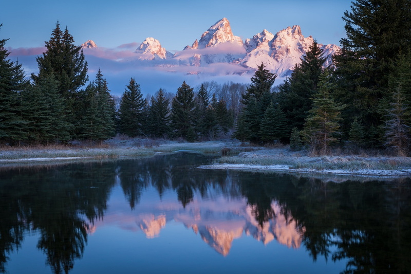 Schwabachers Landing, mountain range, trees, snowcapped mountain, idyllic, coniferous tree, frost, USA, pine, Wyoming, scenics - nature, reflection lake