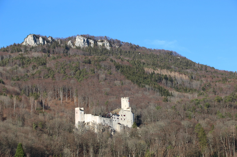 mountain, tree, no people, clear sky, burg, neu-bechburg, landscape, building, history, scenics - nature, built structure, blau, 5K, blue, travel, the past