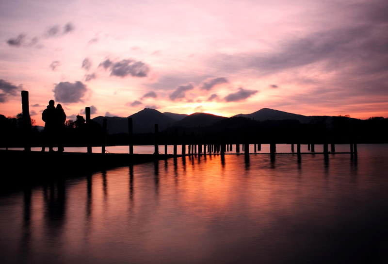 black mountain, outdoors, sky, jetty, Derwent, View, people, black, lake, nature, mountain, sunset, silhouette, dawn, 4K