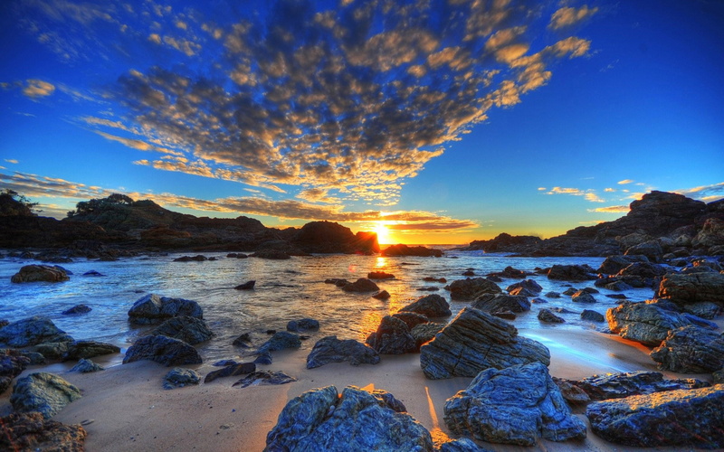 sonnenuntergang, hdr, felsen, see, 2K
