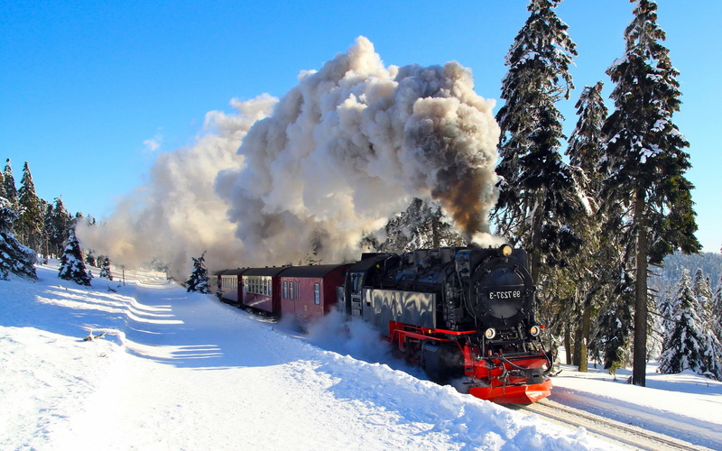 covering, landscape, rail transportation, smoke - physical structure, shadow, day, no people, Harz, Train, winter, pollution, Steam Locomotive, Trees, outdoors