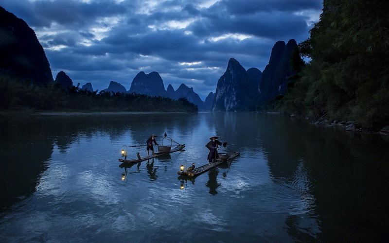 China, clouds, water, landscape, nature, fisherman, boat, hills, lantern, river, trees, 1080P