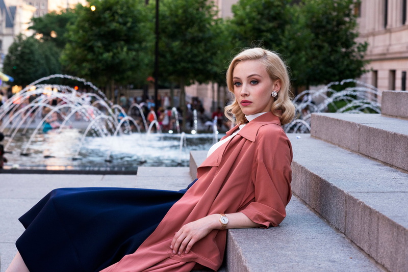 young adult, hairstyle, built structure, one person, clothing, hair, Sarah Gadon, fashion, adult, 1080P, 2015, cloak, dress, fountain, young women, beautiful woman