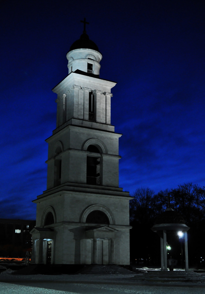 architecture, no people, religion, dusk, 4K, blue, sky, temple of night, tower, chisinau, building, place of worship, belief, built structure, clock, temple