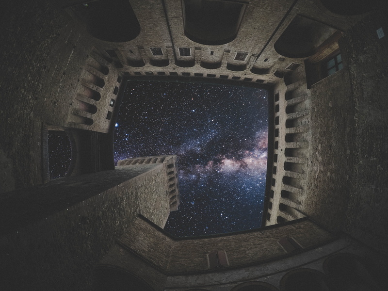 stars, wall - building feature, architecture, low angle view, abandoned, steps and staircases, history, worm, cosmos, starry sky, view, 4K, no people