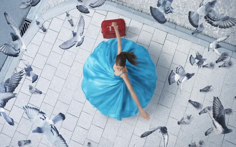 view, women, 720P, aerial, dress, blue dress, aerial view, blue, birds