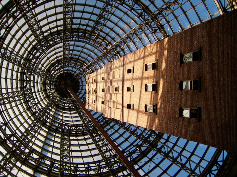 brick, city, shape, design, no people, outdoors, windows, inside, dome, directly below, perspective, sunlight, steel, looking up, building exterior, clear