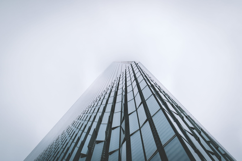 eye, looking up, outdoors, tall - high, office, high, building exterior, low angle view, modern, architecture, directly below, day, built structure, fog