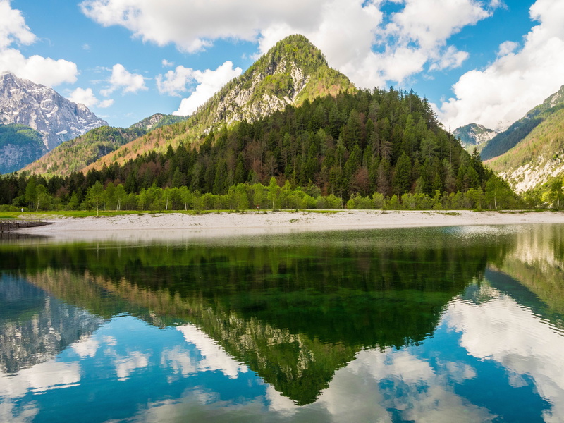 cloudy, scenics - nature, mirroring, shadow, light, trees, reflection, mountains, 4K, cloud - sky, triglav national park, lake, nature, kranjska gora