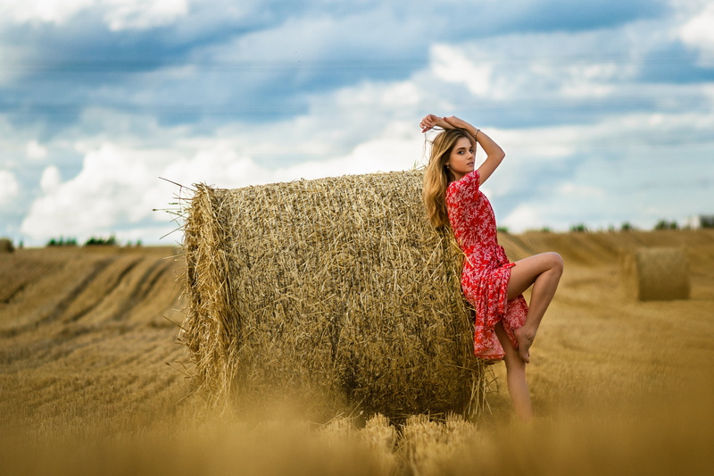 pose, bales, figure, Dmitry Medved, dress, field, straw, bokeh, Ananda, 2K, model