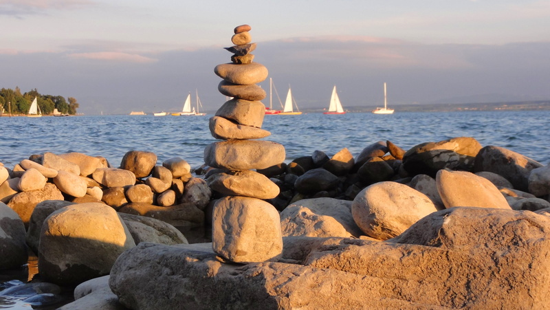 lake constance, sailing boat, nature, lake, tranquility, outdoors, rock, sunlight, sky, stack, Stones, beauty in nature, 2K, sculpture, Stone Tower, beach