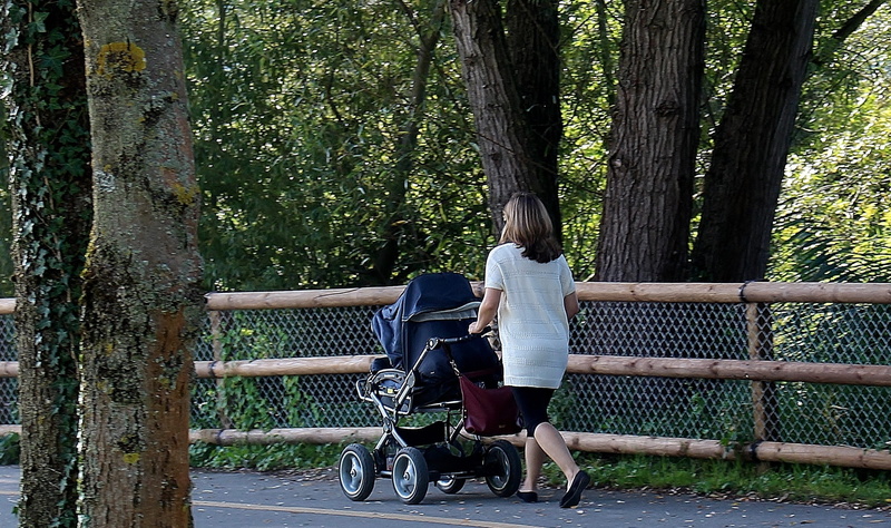black, day, bicycle, woman, tree, recover, casual clothing, baby carriage, stroller, pedestrian way, plant, adult, walk, transportation, men, people, lifestyles