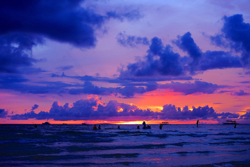 philippines, people, outdoors, island, sky, boracay, travel, scenics - nature, sunset, dusk, phillipines, purple, sea, nature, land, clouds, horizon over water