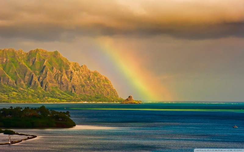mountain, ocean, beach, hawaiian, 1080P, nature and landscapes, rainbow