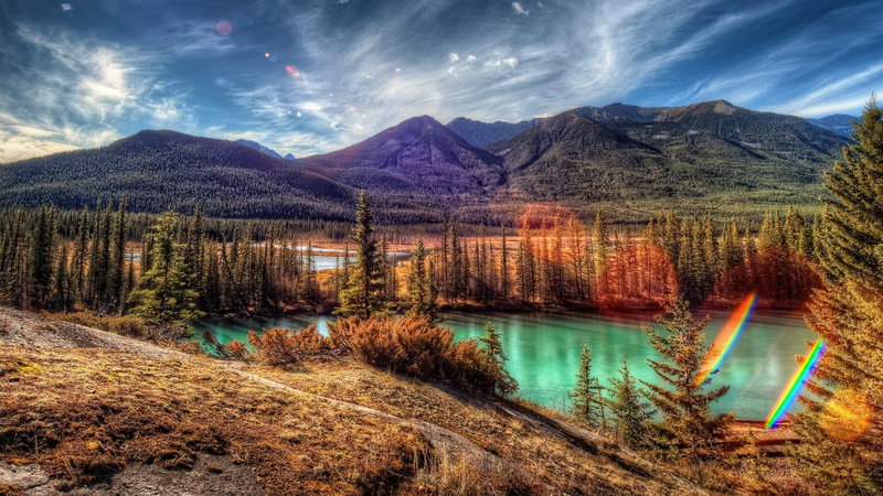 snowcapped mountain, pines, alberta, landscape, pine tree, environment, nature, sunray, mountain range, scenics - nature, outdoors, lake, idyllic, tranquil scene