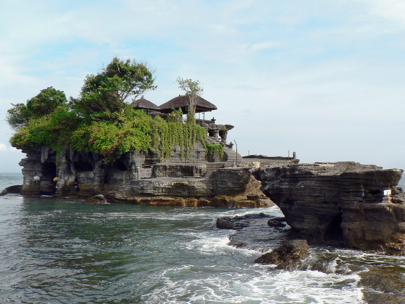 brown, surrounded, scenics, sea, Indonesia, solid, travel, cloud - sky, outdoors, tree, island, nature, Bali, water, sky, architecture, motion, Temple