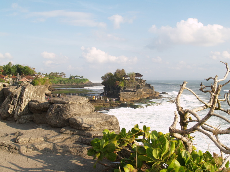 outdoors, sky, beach, horizon over water, indonesia, island, rock, coastline, horizon, tanah lot, nature, waves, scenics - nature, sea, temple, day, rock - object