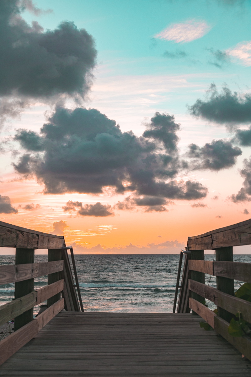 ocean, wood paneling, sea, wood - material, sunset, boardwalk, united states, cloud - sky, front, 8K, water, nature, railing, built structure, landscape