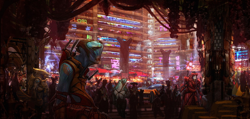 Concept Cars, Big Market, science fiction, Ben Mauro, 1080P, Valerian and the City of a Thousand Planets, Aliens, Colorful, Crowds