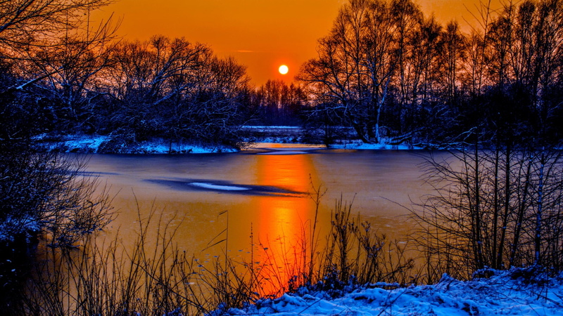 beautiful, two, sky, winter, landscape, snow, river, reflection, scenario, water, sun, full, hd, coast, 1080P, orange, sunset
