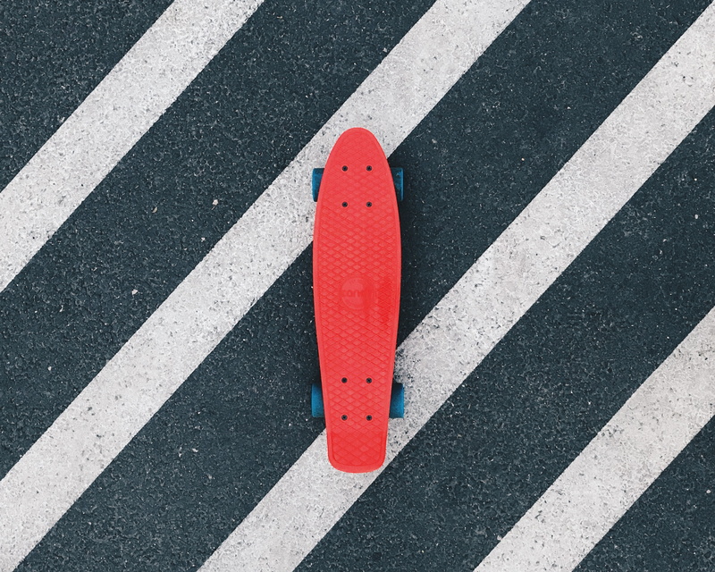 skateboard, board, asphalt, minimalms, outdoors, safety, crosswalk, cruiser, marking, high angle view, communication, symbol, no people, 4K, transportation