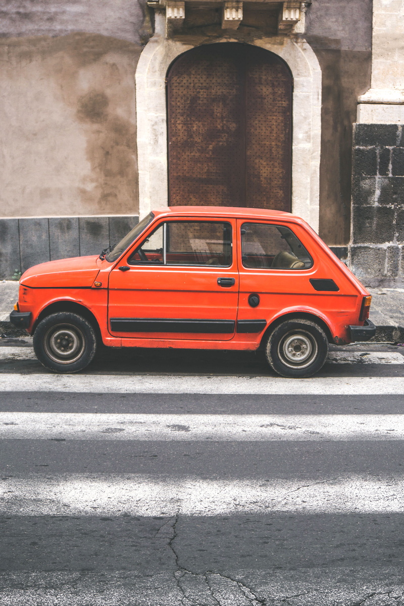 transportation, outdoors, abstract, mode of transportation, red, parking, italy, retro styled, motor vehicle, urban, crosswalk, fiat, walk, architecture