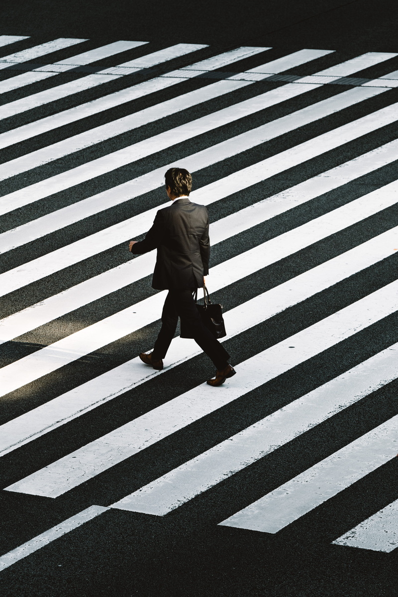 road marking, crosswalk, crossing, jacket, full length, road, men, bag, suit, carrying, street, lane, pattern, man, symbol, black, sign, walking, zebra crossing