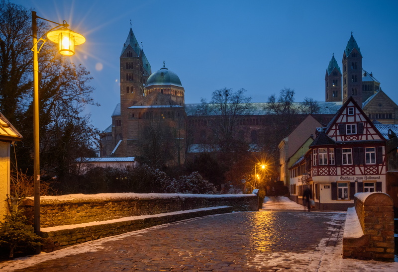 spirituality, sky, no people, twilight, outdoors, historically, steeple, urban Scene, cold temperature, street, old, night, Speyer, cathedral, Dom, architecture And Buildings