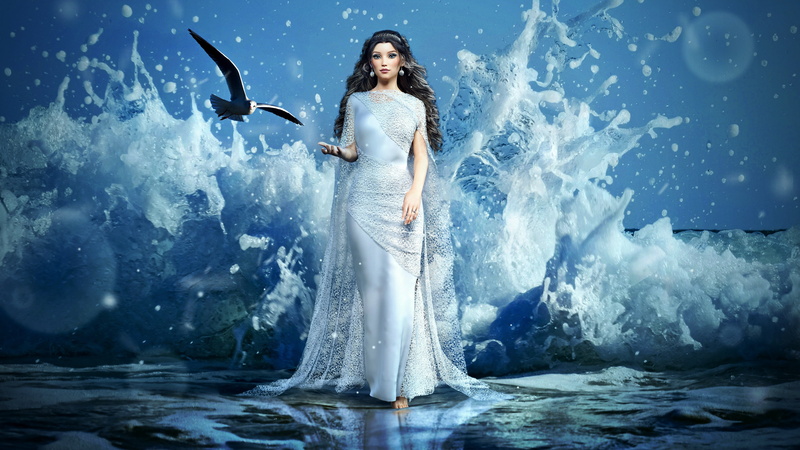 sea girl, fantasy girl, sea, seagul, waves, 4K, godess