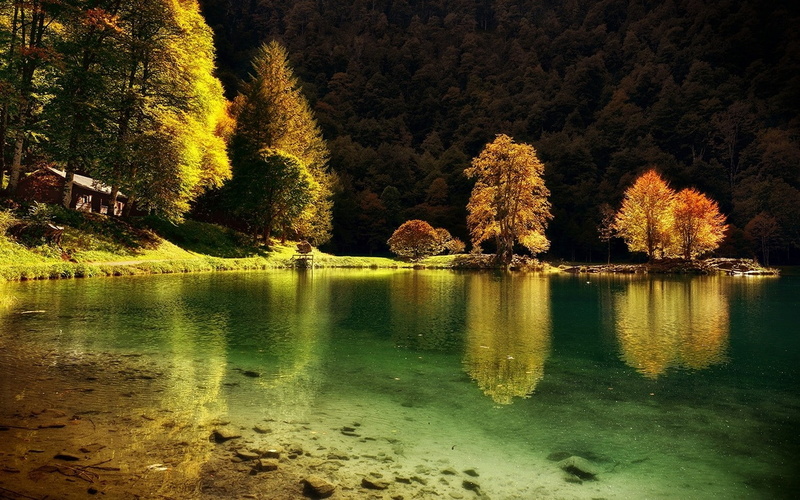 beauty in nature, idyllic, waterfront, land, scenics - nature, hills, reflection, cabin, tree, non-urban scene, water, 720P, autumn, grass, sunlight, tranquil scene