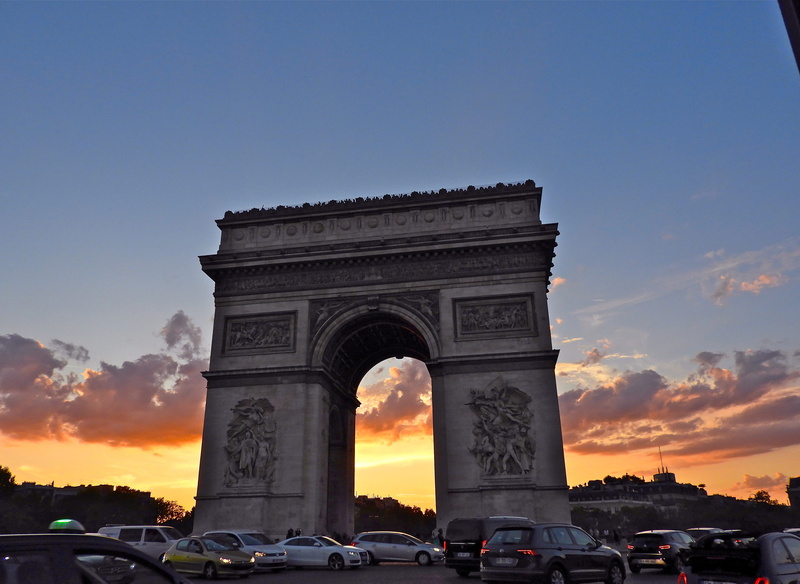 mode of transportation, no people, city, arc de triomphe, travel, monument, nature, outdoors, architecture, lights, history, land vehicle, france, motor vehicle