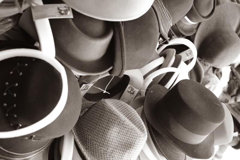 high angle view, close-up, full frame, hats, bandw, black and white, choice, protection, stall, felt, indoors, hat, variation, top hat, day, cup, no people