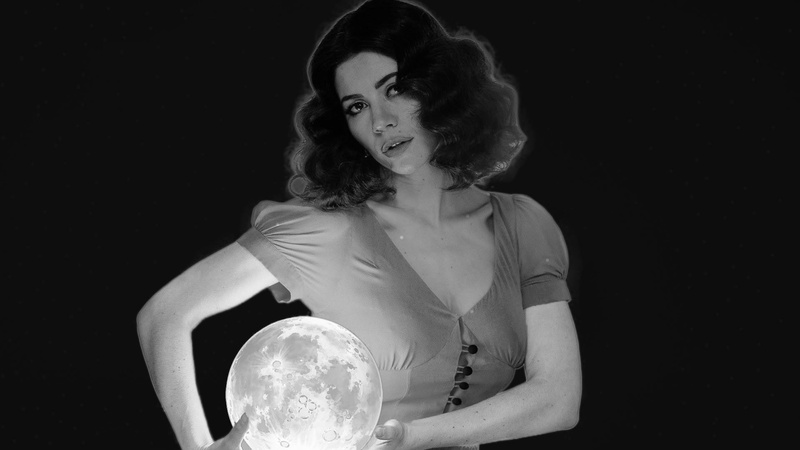 portrait, cut out, indoors, 1080P, monochrome, looking at camera, black background, beautiful woman, copy space, front view, lifestyles, Marina and the Diamonds