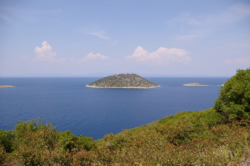 tranquility, beauty in nature, lagoon, wide, distant view, summer, mediterranean, blue sea, sea, island, blue sky, plant, nature, scenics - nature, lookout