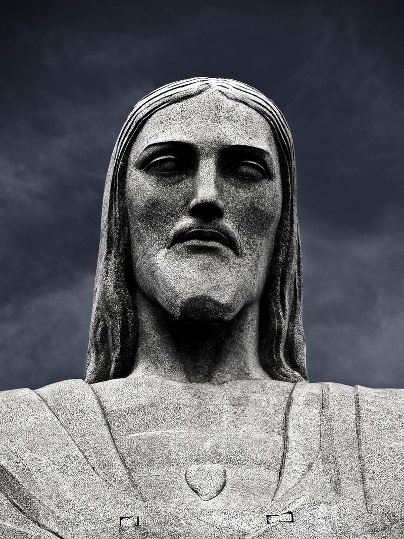 front view, history, tourist attraction, low angle view, sculpture, close-up, sky, brazil, digital art, art and craft, human representation, corcovado