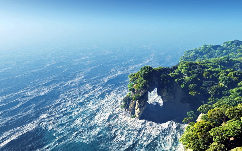 land, rock, CGI, bay, outdoors, waves, environment, beauty in nature, beach, rock - object, sky, tranquil scene, sea, water, scenics - nature, idyllic