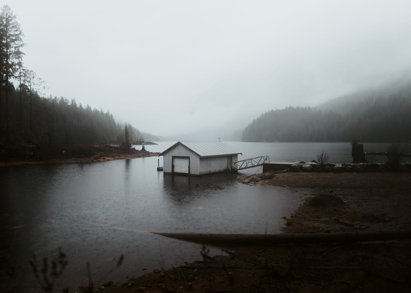 scenics, forest, water, lake, spooky, vacations, landscape, fog, dark vibe, tranquil Scene, boat house, nature, rural Scene, reflection, blue, river, mist
