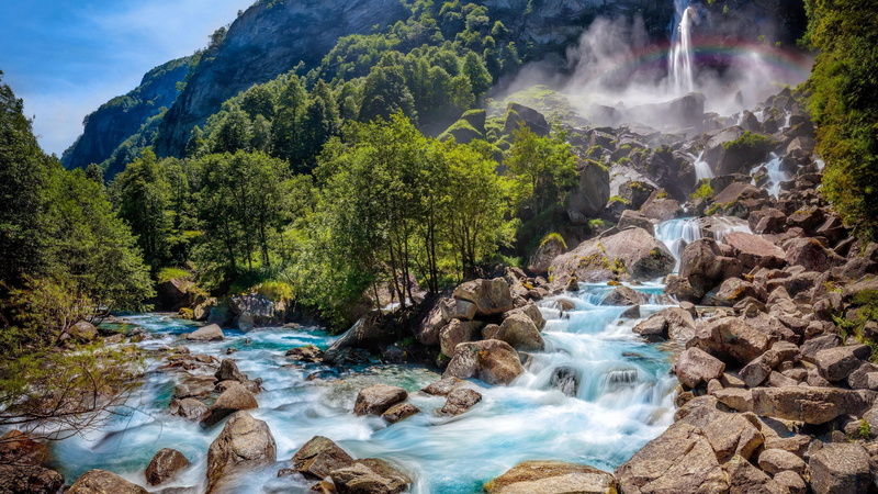 stones, creek, amazing, waterfall, cascade, rainbow, europe, rocks, 4K, mountain, trees, stunning, switzerland