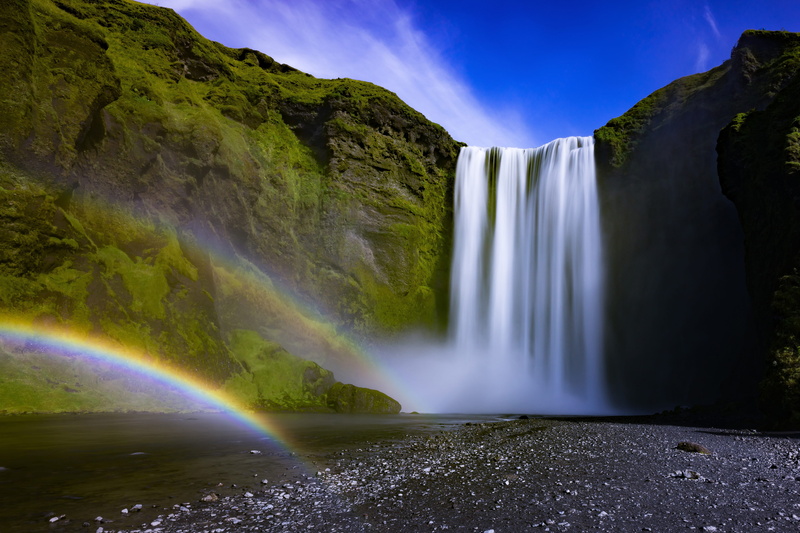 exposure, waterfall, no people, Long exposure, power in nature, rainbow, travel, river, 4K, flowing, Iceland, falling, water, land, clean, landscape, stream - flowing water