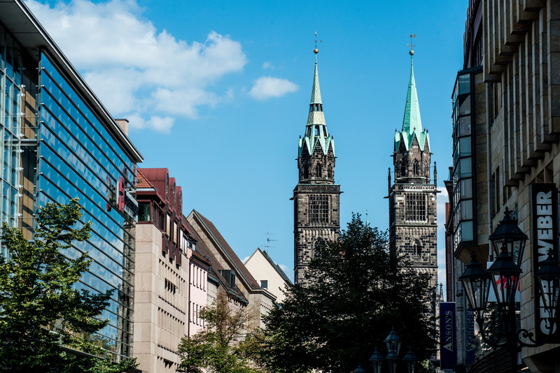 low angle view, two, germany, skyscraper, architecture, summer, nuremberg, blue, cloud - sky, office building, spirituality, gray, office building exterior