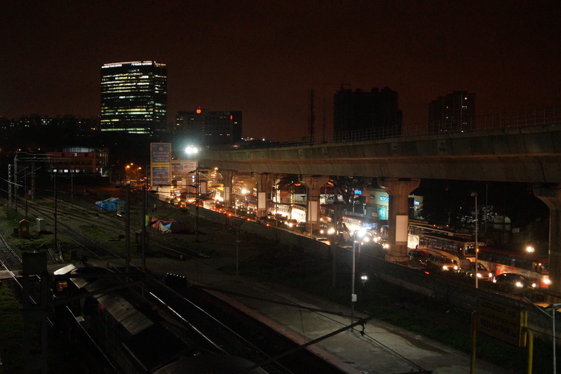 vehicles, rail transportation, cars, illuminated, yeshwanathapura new railway station, night, railroad track, city, train, 5K, high angle view, train - vehicle