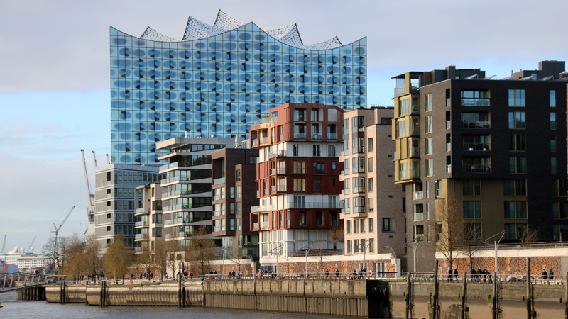 office building exterior, cloud - sky, citylife, building exterior, residential district, low angle view, elbphilharmonie, living, travel destinations