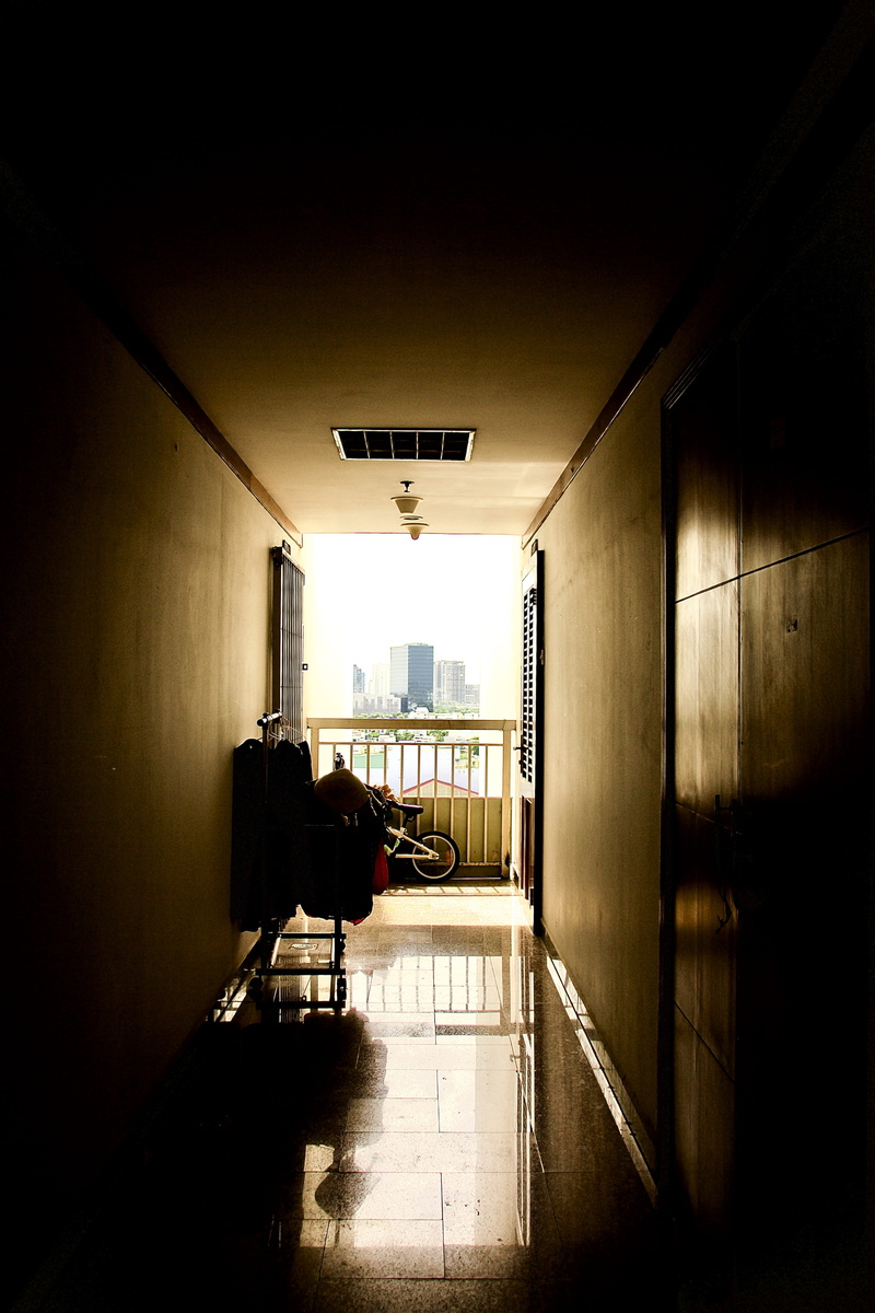 one person, 4K, corridor, dark, architecture, illuminated, wall, hochiminhcity, sunlight, ceiling, wall - building feature, city, asia, vietnam, arcade