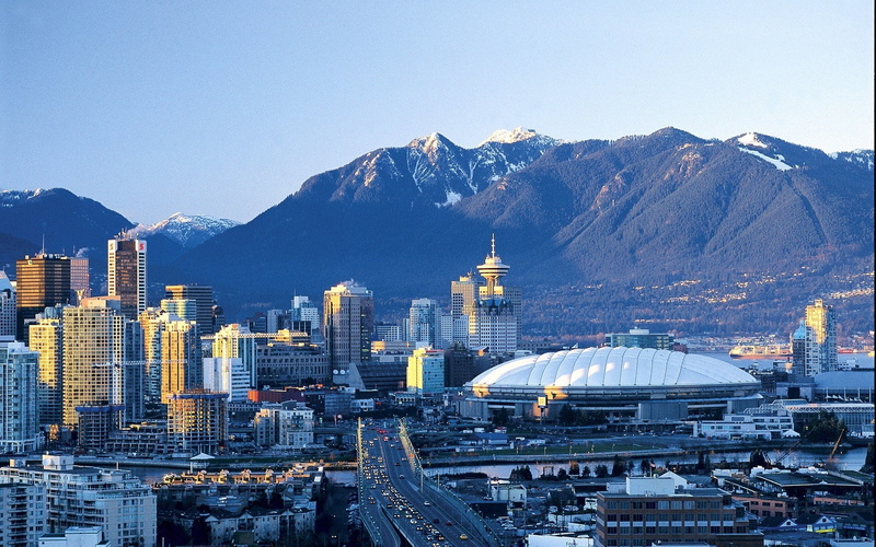 built structure, mountain range, blue, no people, high angle view, Vancouver, urban skyline, landscape, office building exterior, mountain, building exterior
