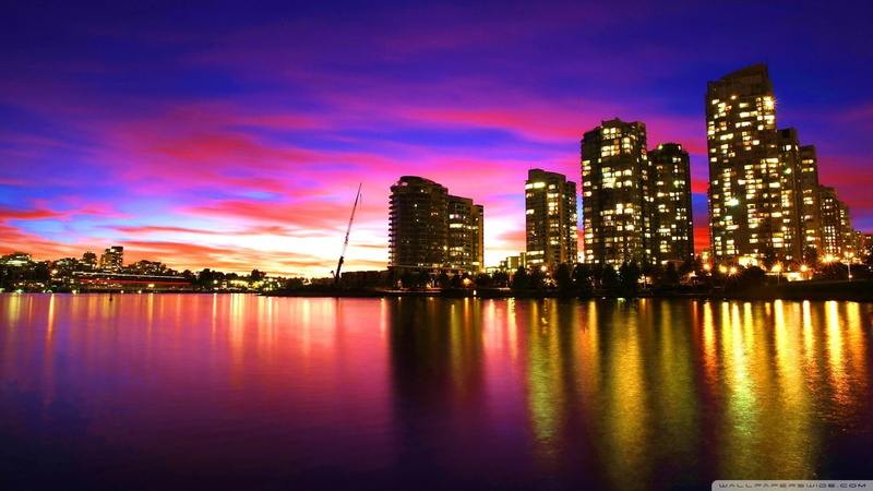 sunset, nature and landscapes, city, lights, vancouver, colors, 1080P