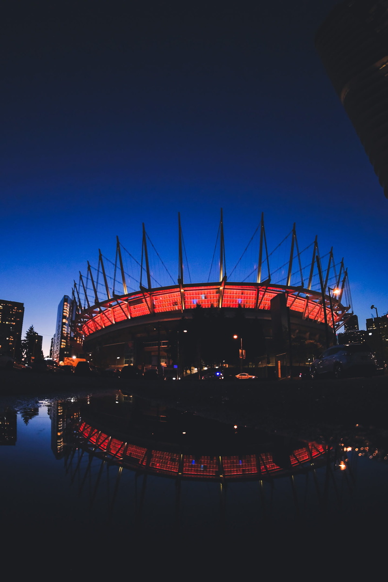 blue, architecture, bc place, sunset, lights, water, illuminated, no people, fisheye, reflection, dusk, river, transportation, 1080P, sky, outdoors, nature